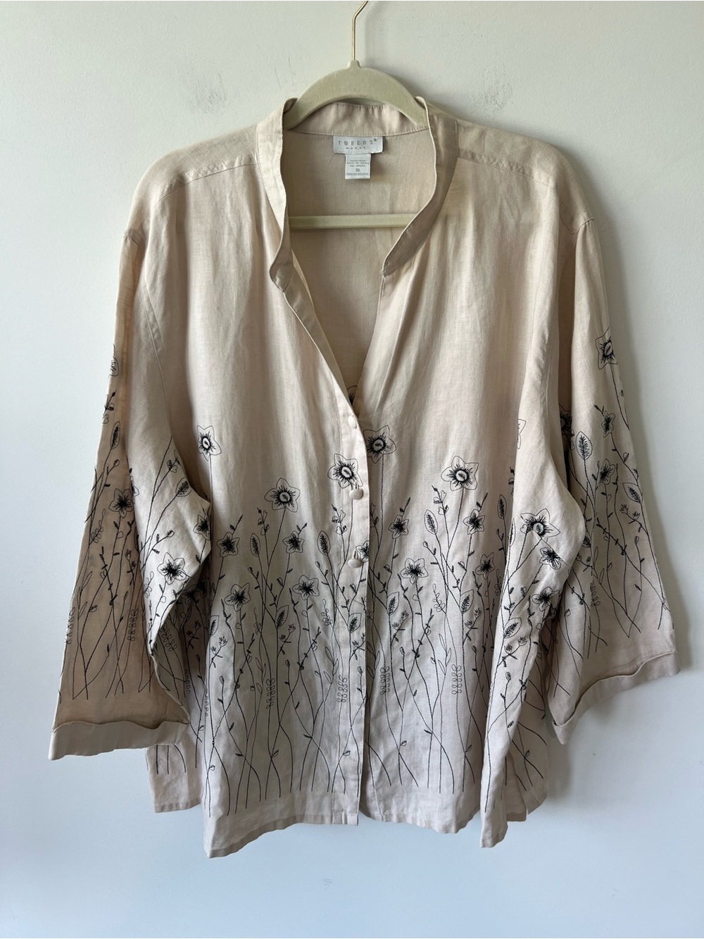 Tweeds Linen Garden Blouse Khaki Base with Black Embroidery 100% Linen